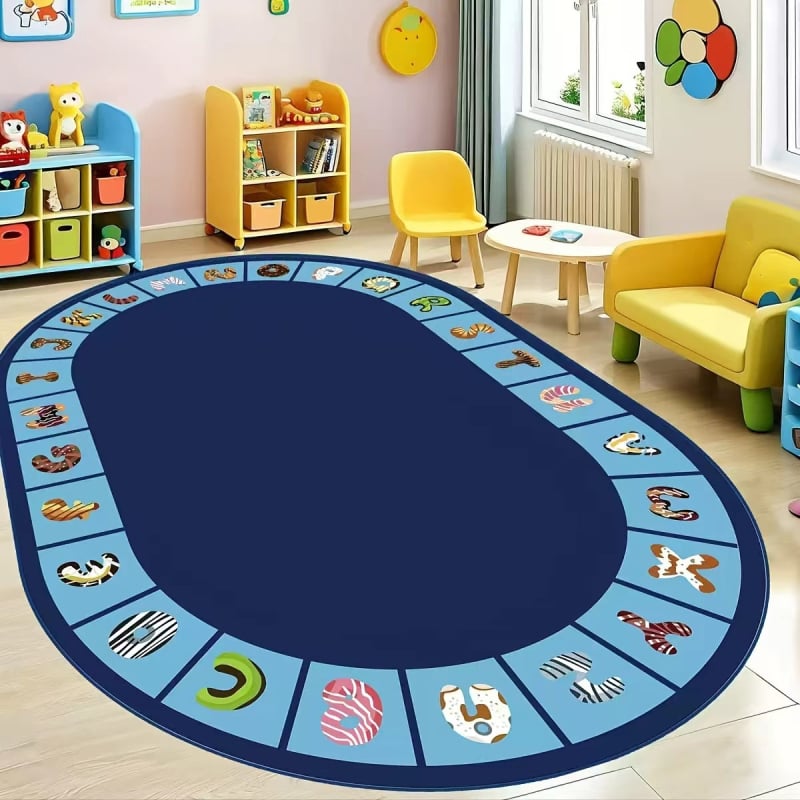 Килим от кристален велур с антихлъзгаща повърхност за детска градина, зона за четене, овална форма, полиестер, миещ се, стил карикатура, шарки: решетка, букви, цифри, цветя