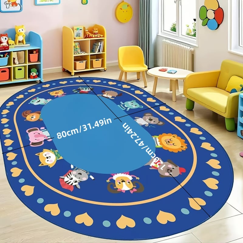 Килим от кристален велур с антихлъзгаща повърхност за детска градина, зона за четене, овална форма, полиестер, миещ се, стил карикатура, шарки: решетка, букви, цифри, цветя