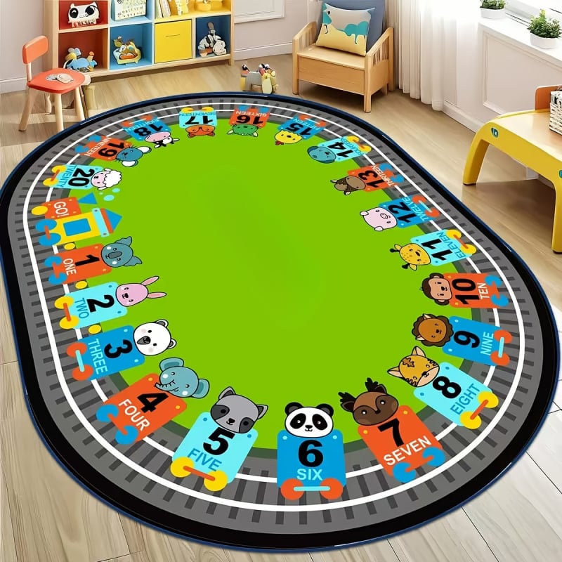 Килим от кристален велур с антихлъзгаща повърхност за детска градина, зона за четене, овална форма, полиестер, миещ се, стил карикатура, шарки: решетка, букви, цифри, цветя