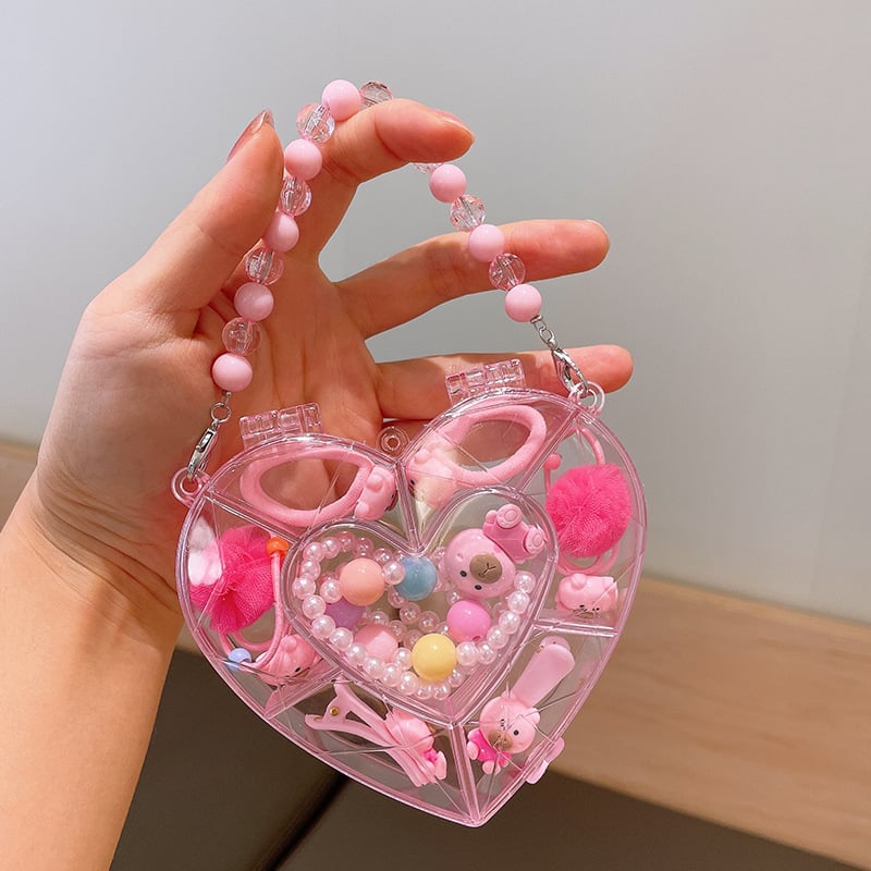 Mergaitėms skirtas princesės kaklo grandinėlės komplektas su plaukų aksesuarais — plastinės dervos pakabukas, kamuoliukų grandinė, karantis pakabukas, atskiras įpakavimas