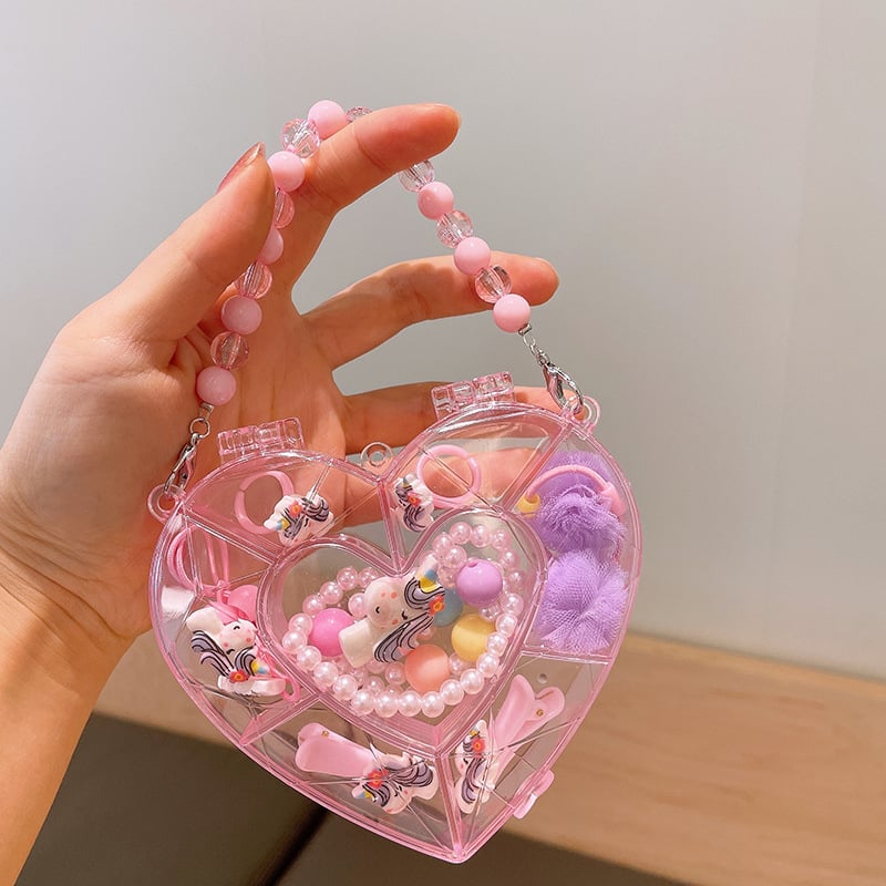 Mergaitėms skirtas princesės kaklo grandinėlės komplektas su plaukų aksesuarais — plastinės dervos pakabukas, kamuoliukų grandinė, karantis pakabukas, atskiras įpakavimas