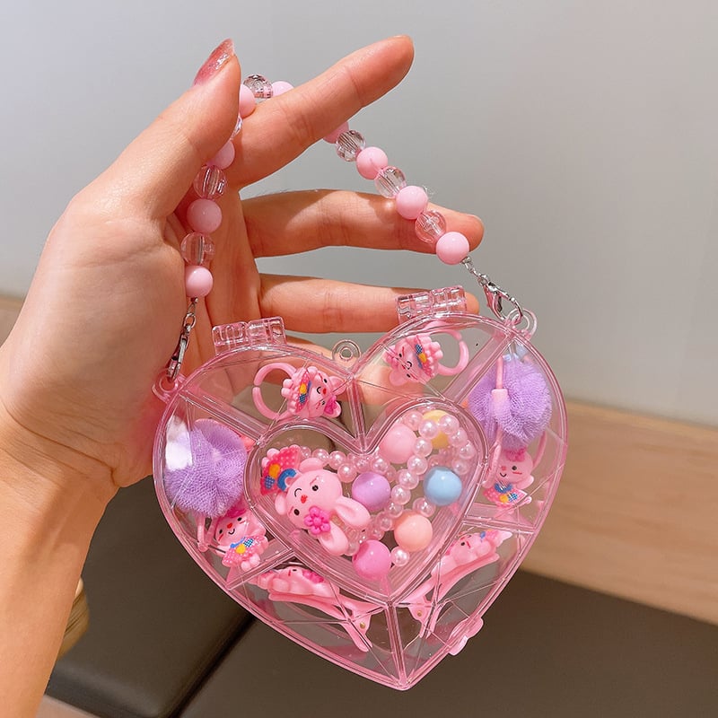 Mergaitėms skirtas princesės kaklo grandinėlės komplektas su plaukų aksesuarais — plastinės dervos pakabukas, kamuoliukų grandinė, karantis pakabukas, atskiras įpakavimas