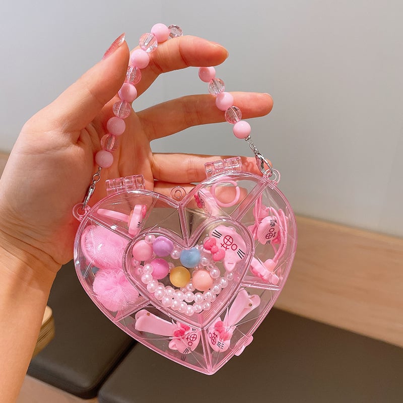 Mergaitėms skirtas princesės kaklo grandinėlės komplektas su plaukų aksesuarais — plastinės dervos pakabukas, kamuoliukų grandinė, karantis pakabukas, atskiras įpakavimas