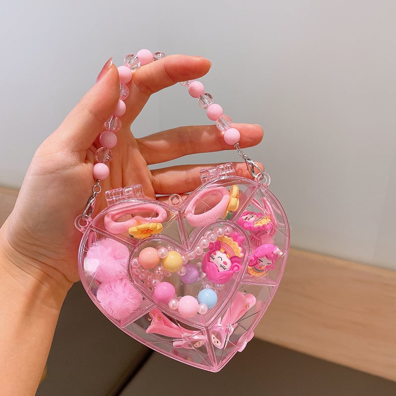 Mergaitėms skirtas princesės kaklo grandinėlės komplektas su plaukų aksesuarais — plastinės dervos pakabukas, kamuoliukų grandinė, karantis pakabukas, atskiras įpakavimas