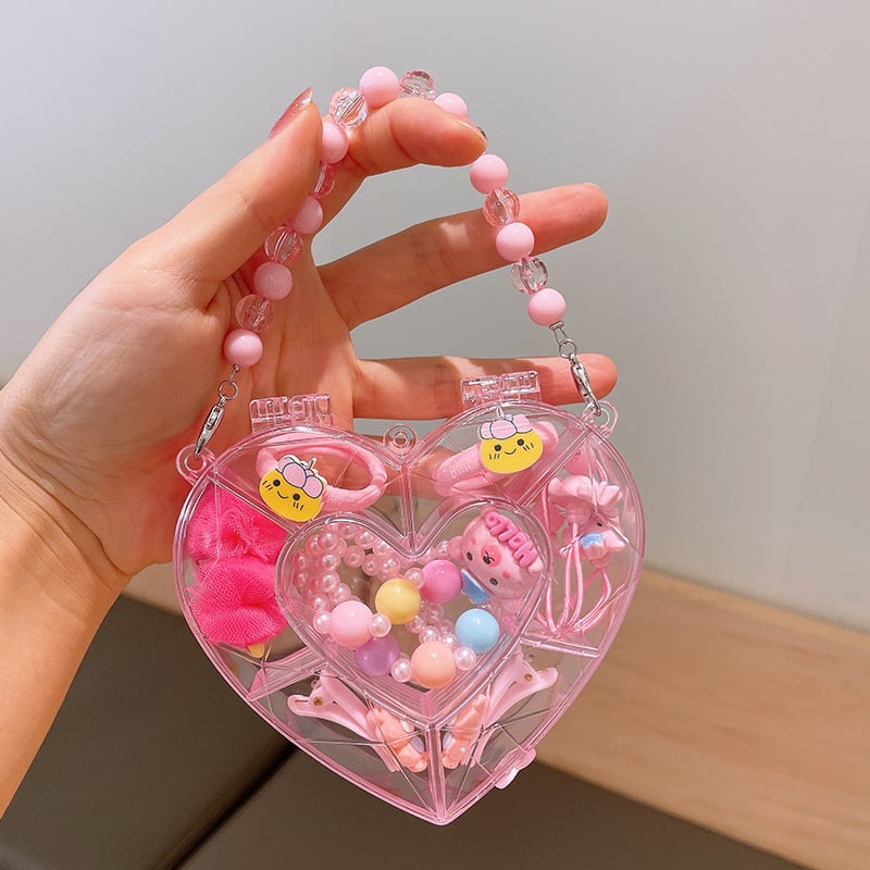 Mergaitėms skirtas princesės kaklo grandinėlės komplektas su plaukų aksesuarais — plastinės dervos pakabukas, kamuoliukų grandinė, karantis pakabukas, atskiras įpakavimas