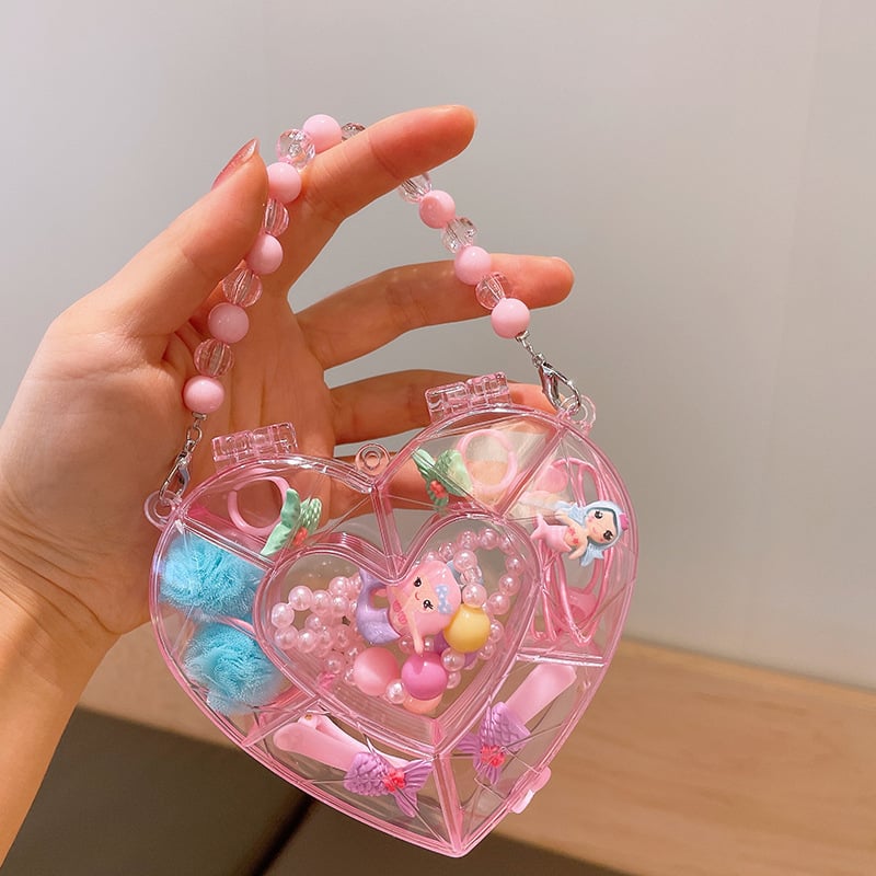 Mergaitėms skirtas princesės kaklo grandinėlės komplektas su plaukų aksesuarais — plastinės dervos pakabukas, kamuoliukų grandinė, karantis pakabukas, atskiras įpakavimas