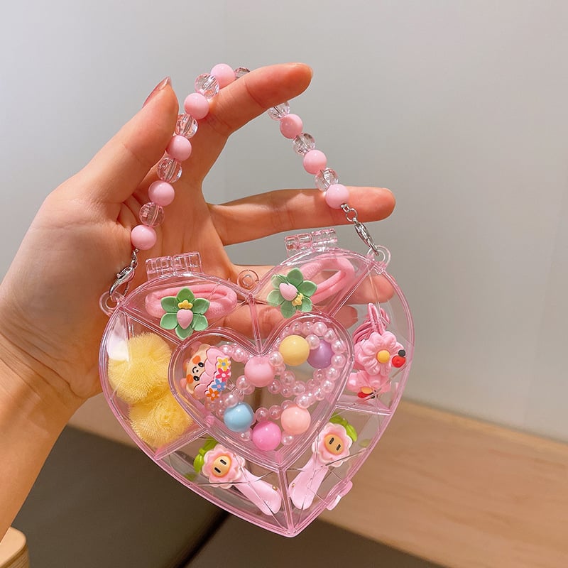 Mergaitėms skirtas princesės kaklo grandinėlės komplektas su plaukų aksesuarais — plastinės dervos pakabukas, kamuoliukų grandinė, karantis pakabukas, atskiras įpakavimas