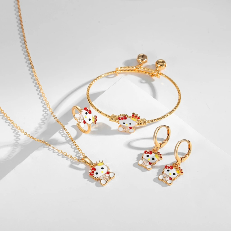 Vaikų vario su aukso dengimu juvelyrinių dirbinių rinkinys su drugelio ir kačiuko motyvais — karoliai, žiedas, auskarai, apyrankė, O formos grandinė (ruduo 2025)