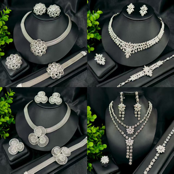 Vario juvelyrinių komplektas su deimantiniu pakabuku, gėlių raštu ir išplėsta grandine — įskaitant auskarus, karolį ir apyrankę