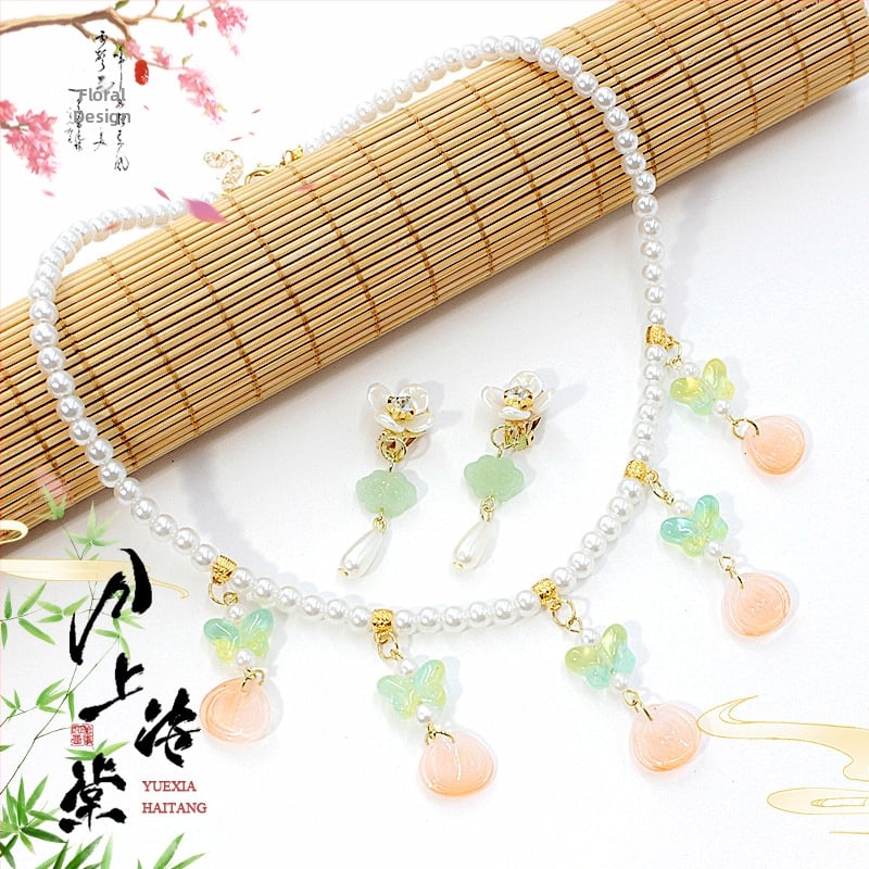 Vaikų ausų klipsų rinkinys - senovinis stilius, rankų darbo stiklo detalės su vaisių ir lapų motyvais