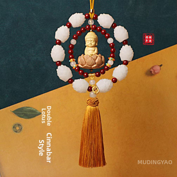 Дървен висящ декор за огледалото на автомобила, мотив Буда и лотос, дизайн с два пръстена