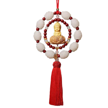 Дървен висящ декор за огледалото на автомобила, мотив Буда и лотос, дизайн с два пръстена