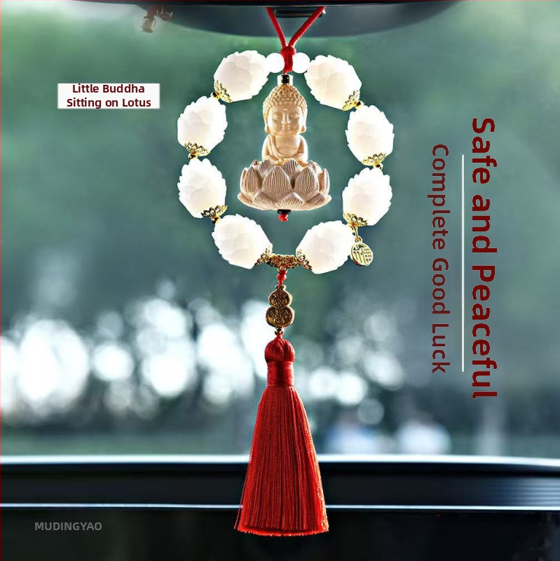 Дървен висящ декор за огледалото на автомобила, мотив Буда и лотос, дизайн с два пръстена
