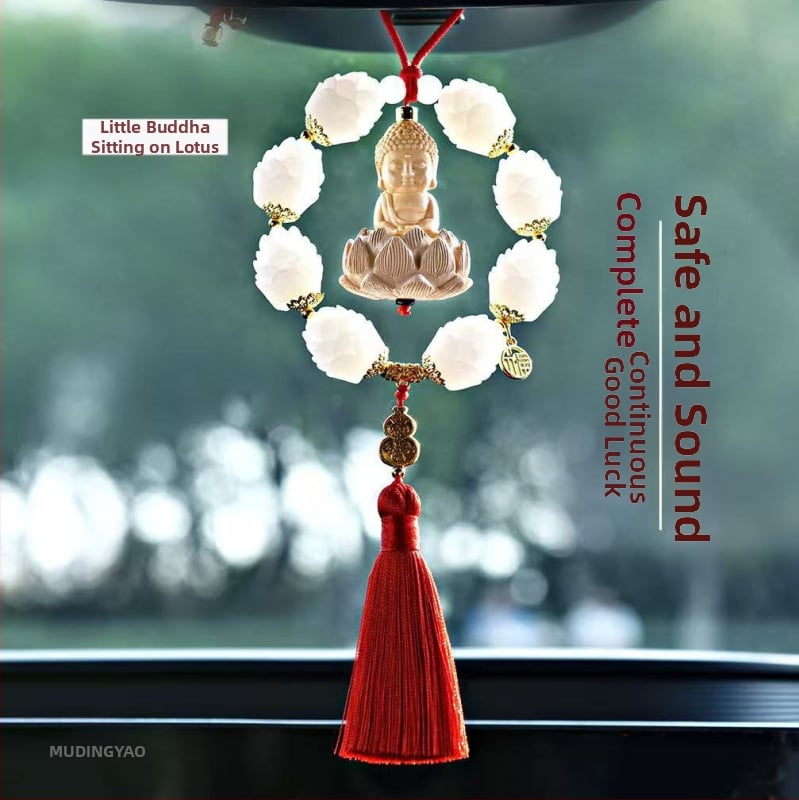 Дървен висящ декор за огледалото на автомобила, мотив Буда и лотос, дизайн с два пръстена