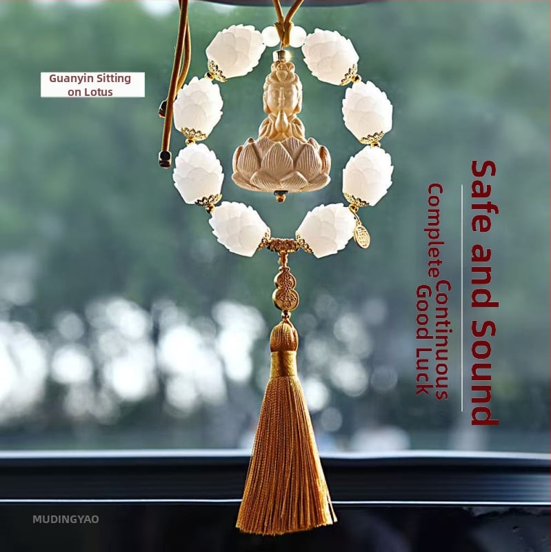 Дървен висящ декор за огледалото на автомобила, мотив Буда и лотос, дизайн с два пръстена