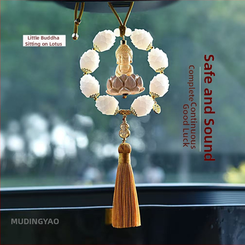 Дървен висящ декор за огледалото на автомобила, мотив Буда и лотос, дизайн с два пръстена