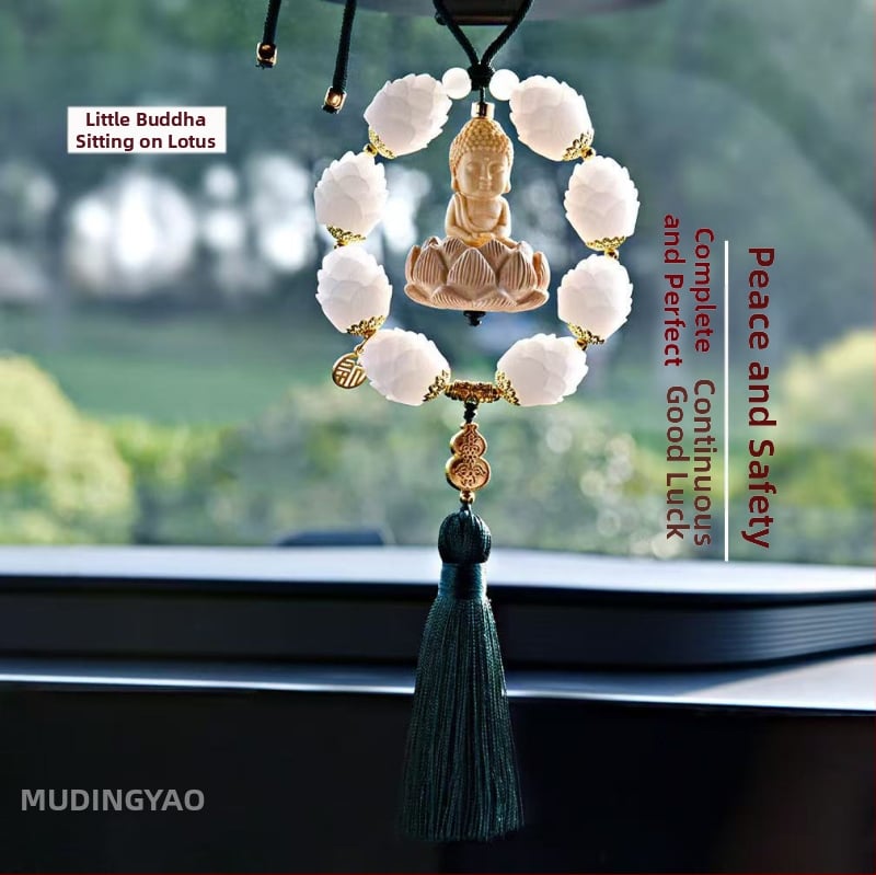 Дървен висящ декор за огледалото на автомобила, мотив Буда и лотос, дизайн с два пръстена
