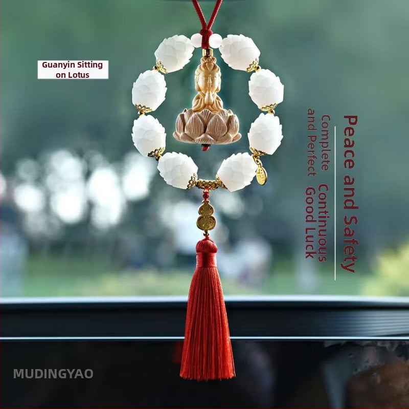 Дървен висящ декор за огледалото на автомобила, мотив Буда и лотос, дизайн с два пръстена