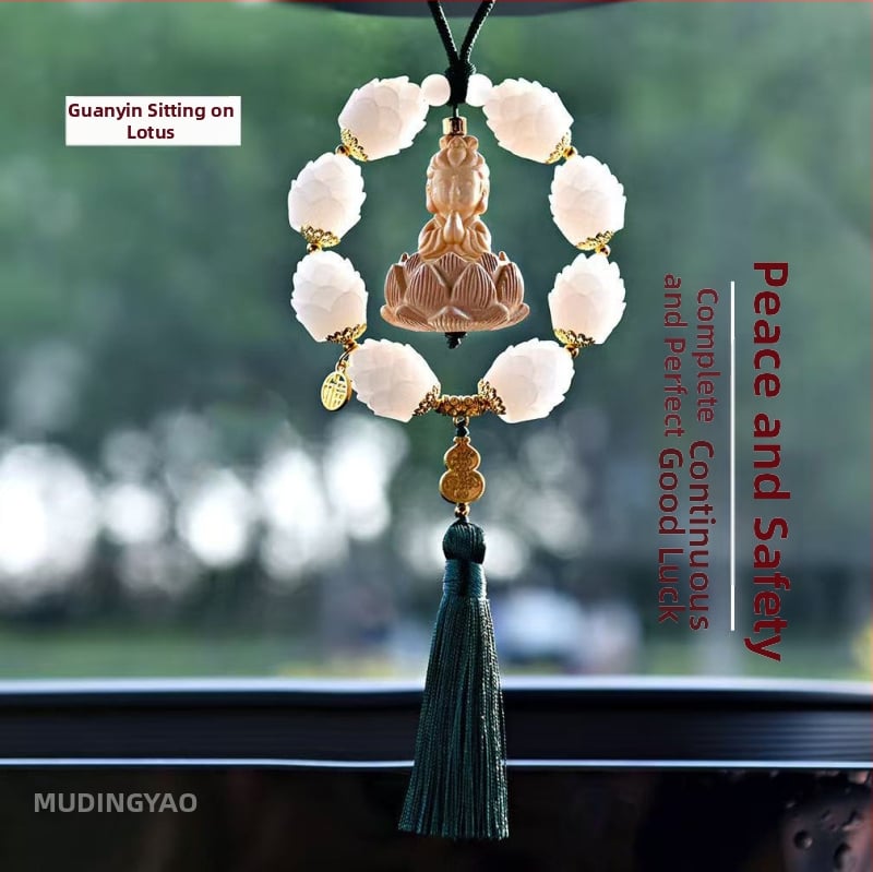Дървен висящ декор за огледалото на автомобила, мотив Буда и лотос, дизайн с два пръстена