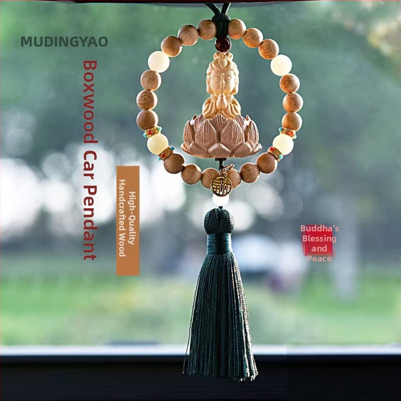 Дървен висящ декор за огледалото на автомобила, мотив Буда и лотос, дизайн с два пръстена