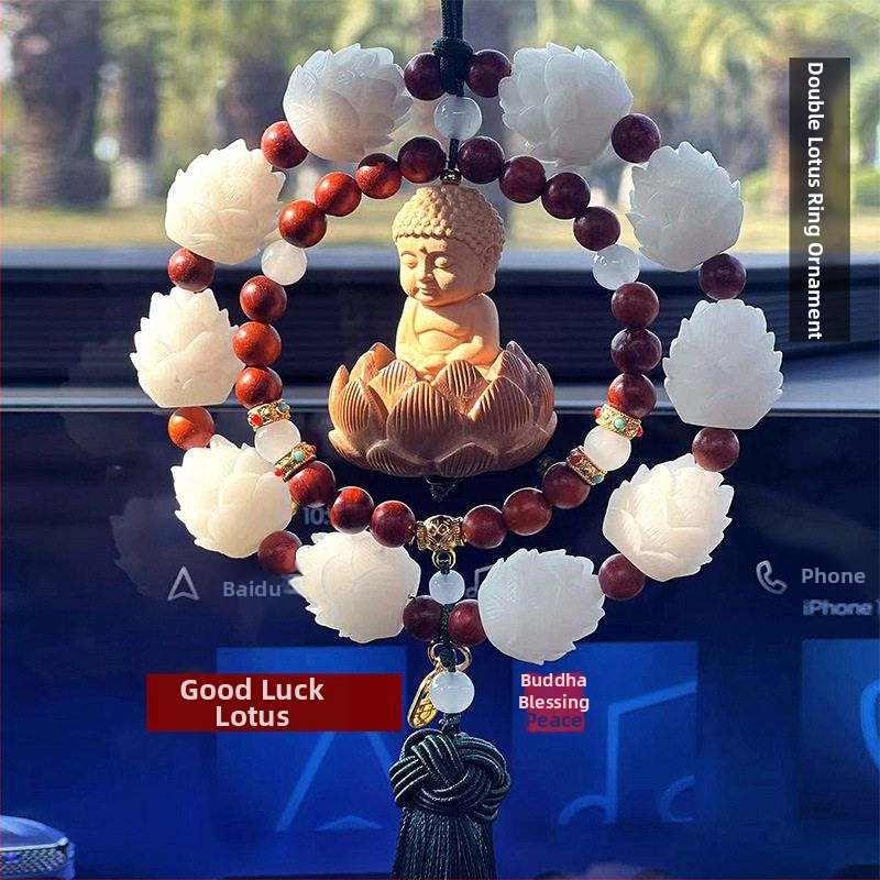 Дървен висящ декор за огледалото на автомобила, мотив Буда и лотос, дизайн с два пръстена