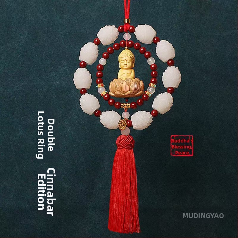 Дървен висящ декор за огледалото на автомобила, мотив Буда и лотос, дизайн с два пръстена