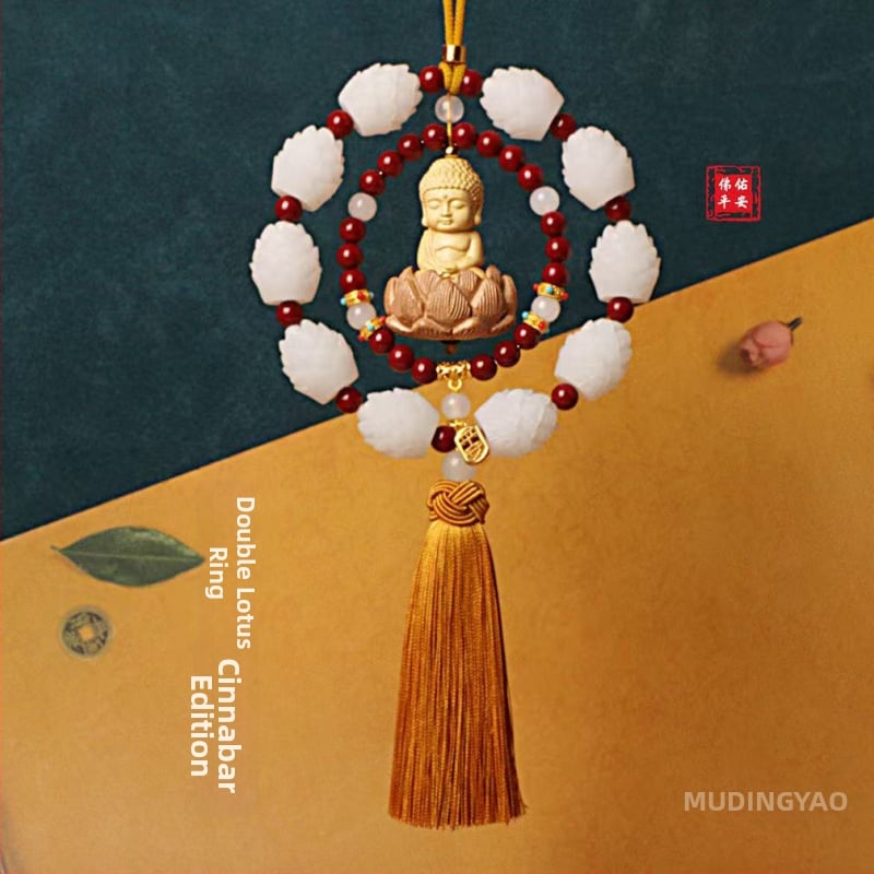 Дървен висящ декор за огледалото на автомобила, мотив Буда и лотос, дизайн с два пръстена