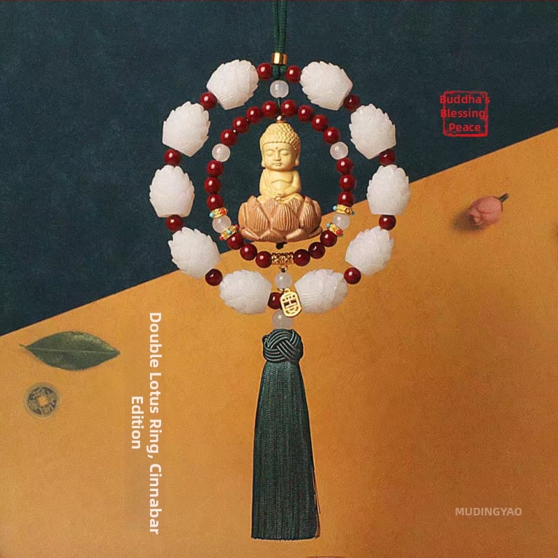 Дървен висящ декор за огледалото на автомобила, мотив Буда и лотос, дизайн с два пръстена