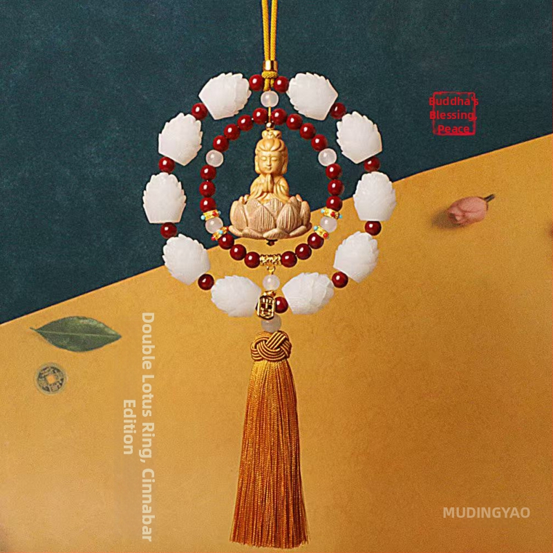 Дървен висящ декор за огледалото на автомобила, мотив Буда и лотос, дизайн с два пръстена