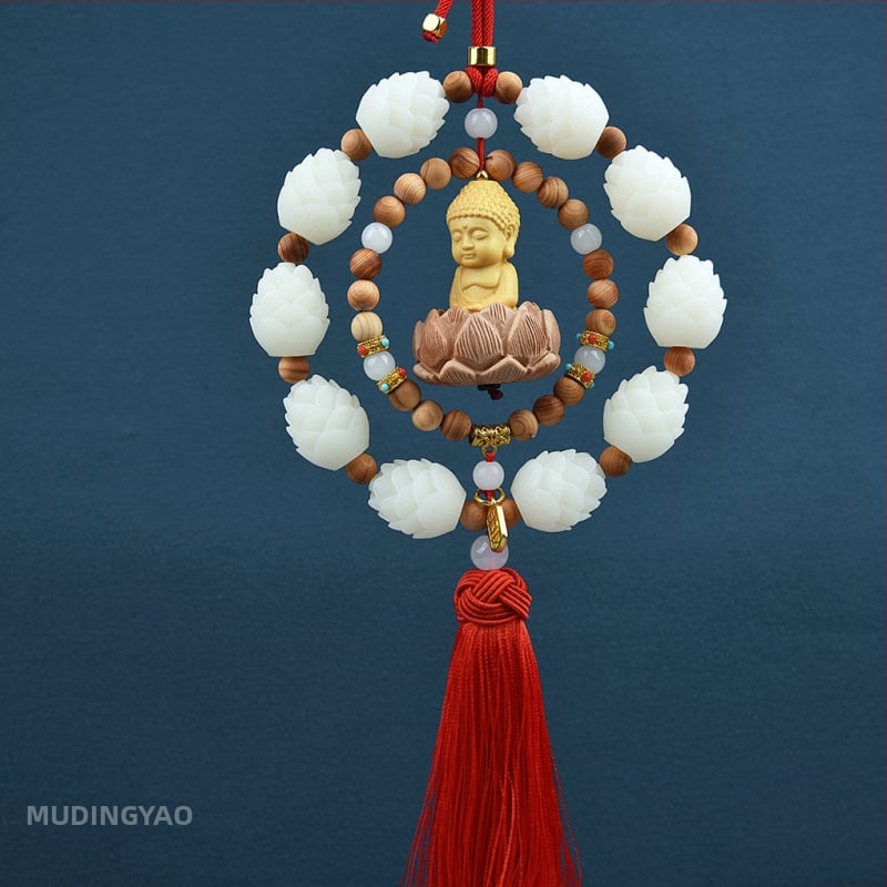 Дървен висящ декор за огледалото на автомобила, мотив Буда и лотос, дизайн с два пръстена