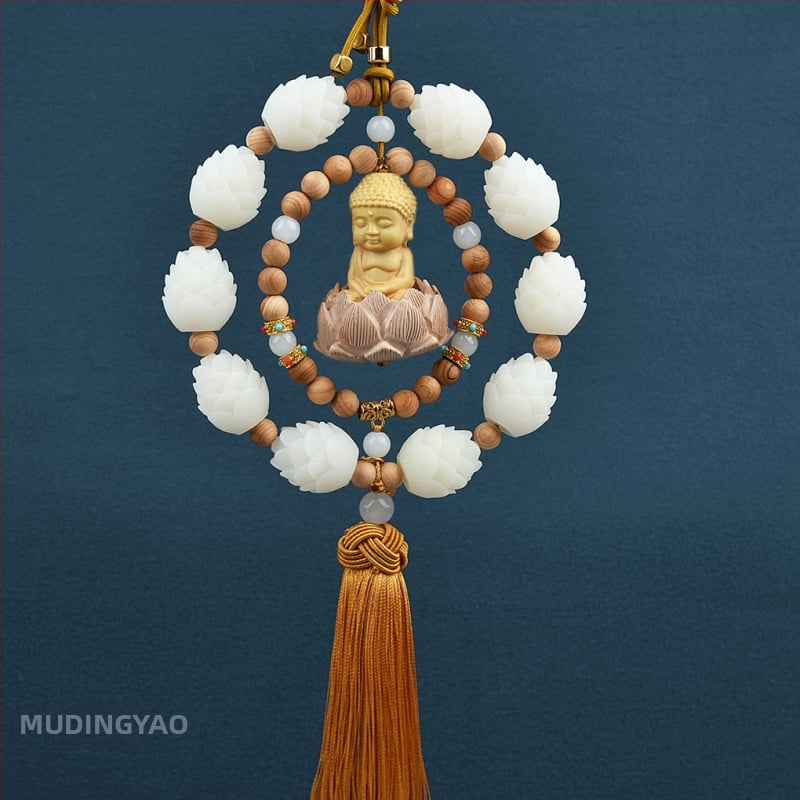 Дървен висящ декор за огледалото на автомобила, мотив Буда и лотос, дизайн с два пръстена