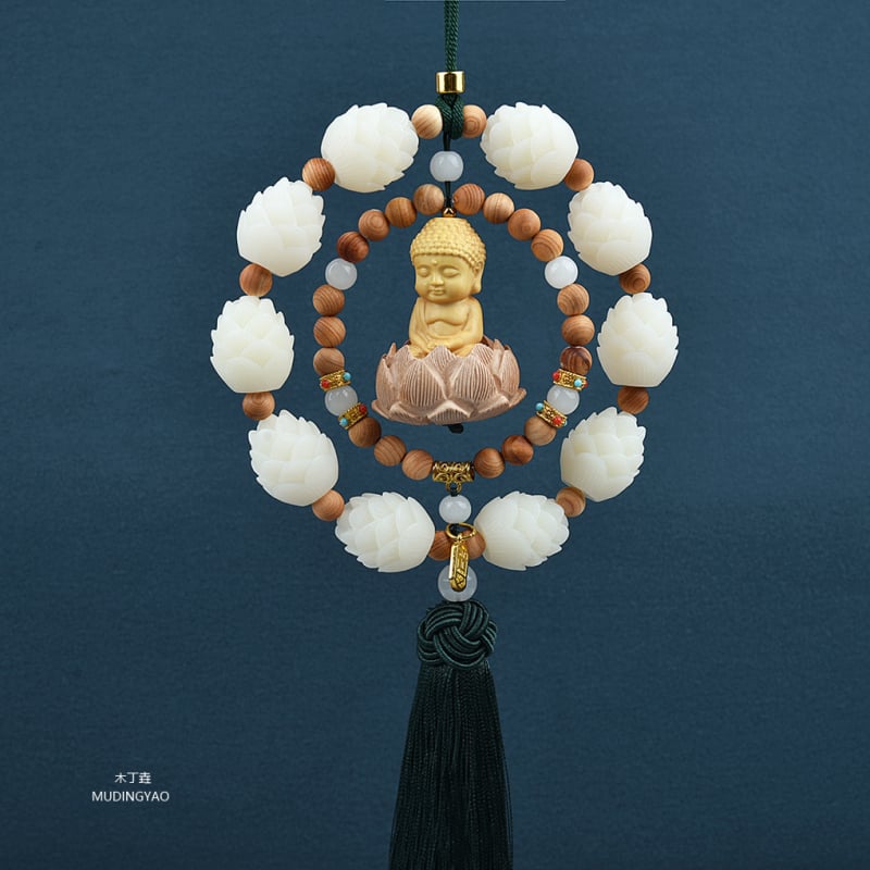 Дървен висящ декор за огледалото на автомобила, мотив Буда и лотос, дизайн с два пръстена