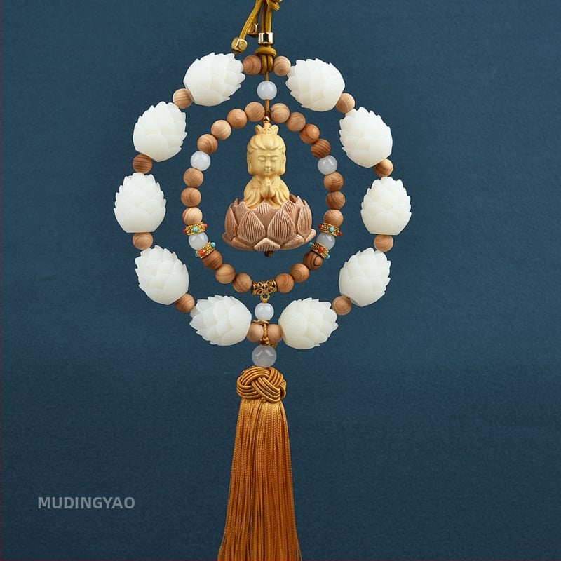 Дървен висящ декор за огледалото на автомобила, мотив Буда и лотос, дизайн с два пръстена