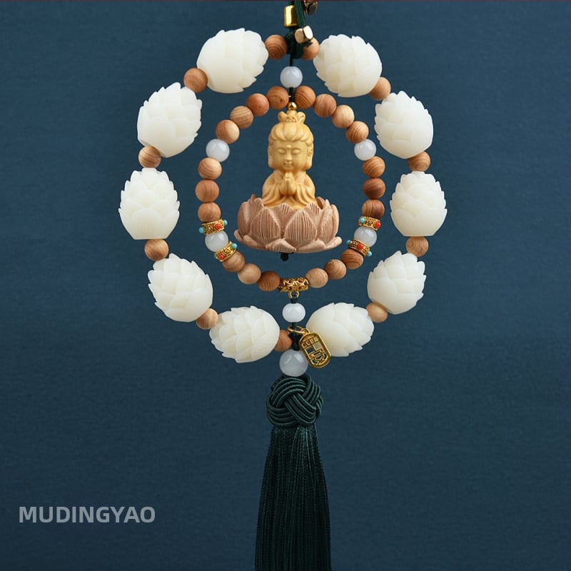 Дървен висящ декор за огледалото на автомобила, мотив Буда и лотос, дизайн с два пръстена