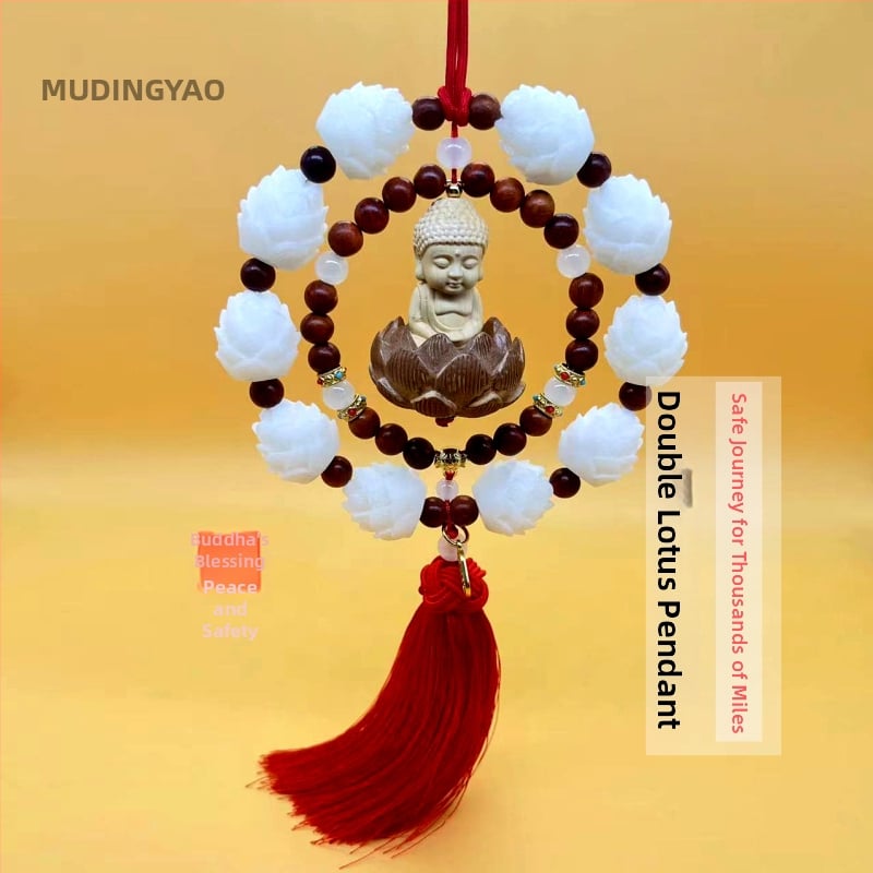 Дървен висящ декор за огледалото на автомобила, мотив Буда и лотос, дизайн с два пръстена