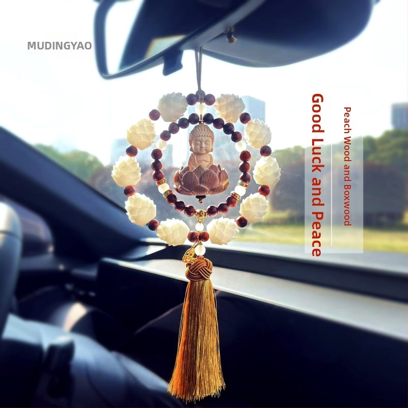 Дървен висящ декор за огледалото на автомобила, мотив Буда и лотос, дизайн с два пръстена