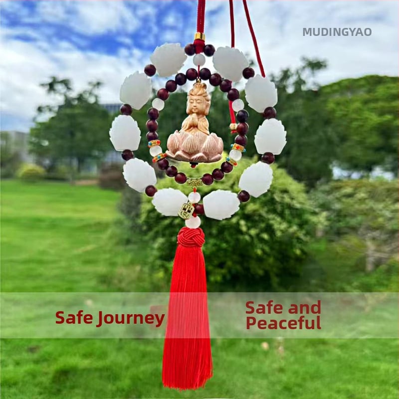 Дървен висящ декор за огледалото на автомобила, мотив Буда и лотос, дизайн с два пръстена