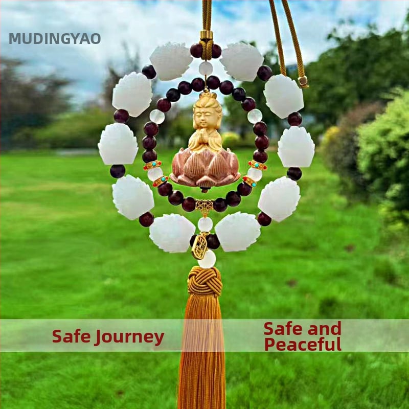 Дървен висящ декор за огледалото на автомобила, мотив Буда и лотос, дизайн с два пръстена