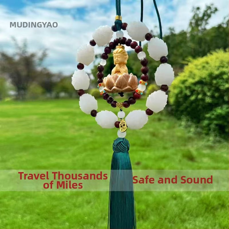 Дървен висящ декор за огледалото на автомобила, мотив Буда и лотос, дизайн с два пръстена