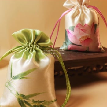 Sac de pânză cu șnur, broderie brocat, pentru săculețe de tămâie și mărgele budiste, ornament de atârnat (închidere cu șnur, broderie brocat, săculețe de tămâie, mărgele budiste)