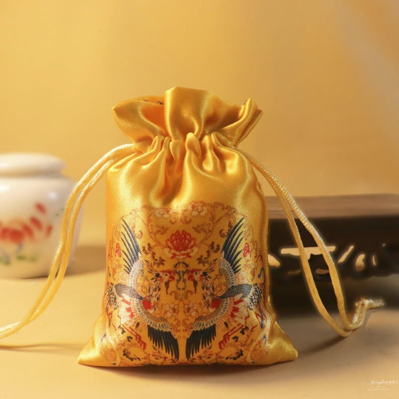 Sac de pânză cu șnur, broderie brocat, pentru săculețe de tămâie și mărgele budiste, ornament de atârnat (închidere cu șnur, broderie brocat, săculețe de tămâie, mărgele budiste)