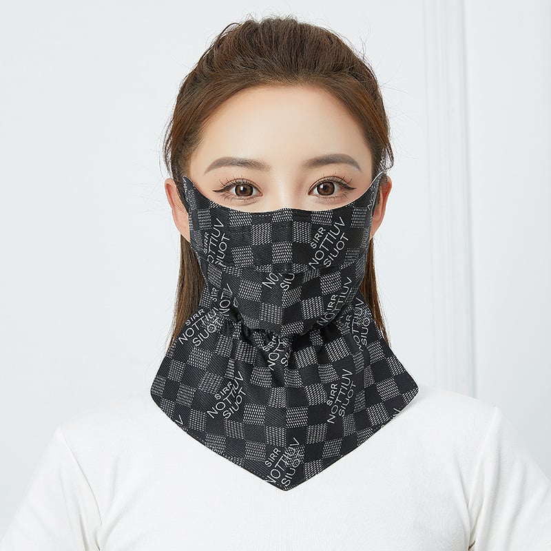 Saules aizsardzības maska velosipēdistam ar garu izdrukātu kakla šalli — daļēji pārklājošs dizains, poliester audums, 81–95% poliester saturs, acu aizsardzība