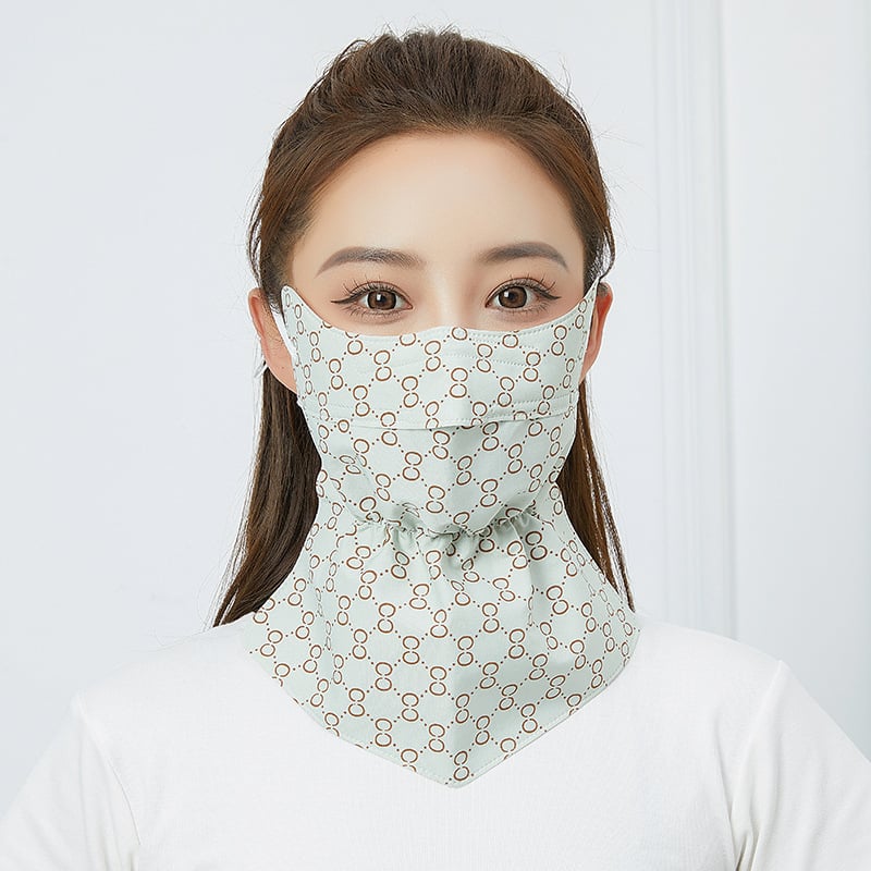 Saules aizsardzības maska velosipēdistam ar garu izdrukātu kakla šalli — daļēji pārklājošs dizains, poliester audums, 81–95% poliester saturs, acu aizsardzība