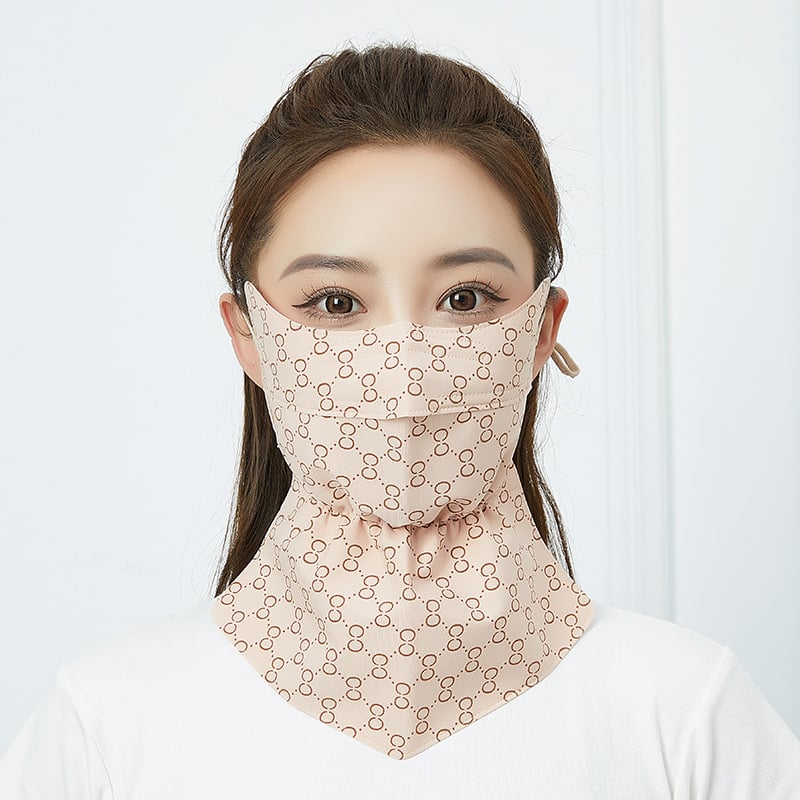 Saules aizsardzības maska velosipēdistam ar garu izdrukātu kakla šalli — daļēji pārklājošs dizains, poliester audums, 81–95% poliester saturs, acu aizsardzība