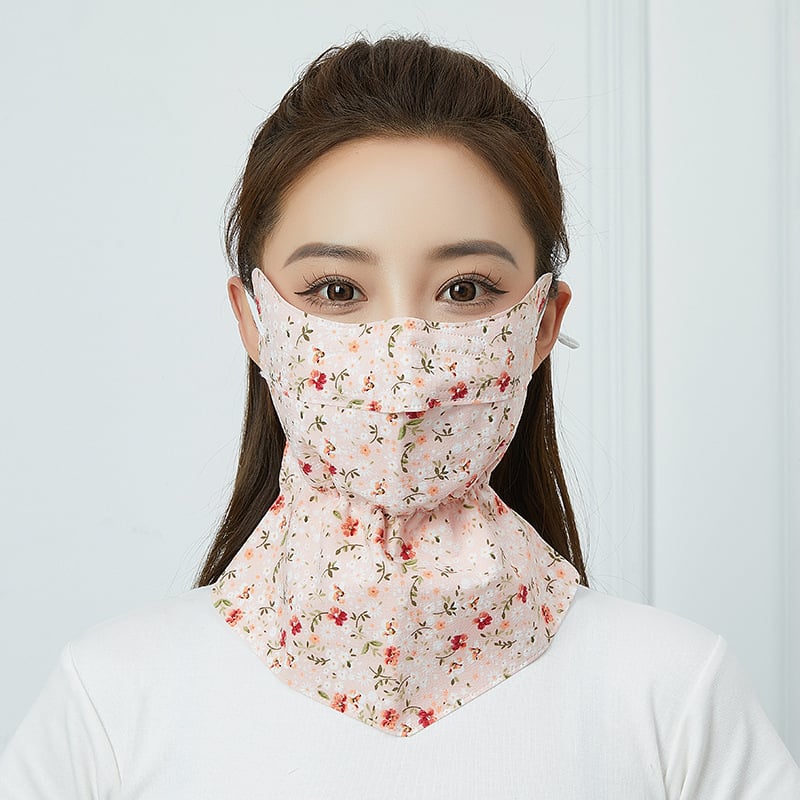 Saules aizsardzības maska velosipēdistam ar garu izdrukātu kakla šalli — daļēji pārklājošs dizains, poliester audums, 81–95% poliester saturs, acu aizsardzība