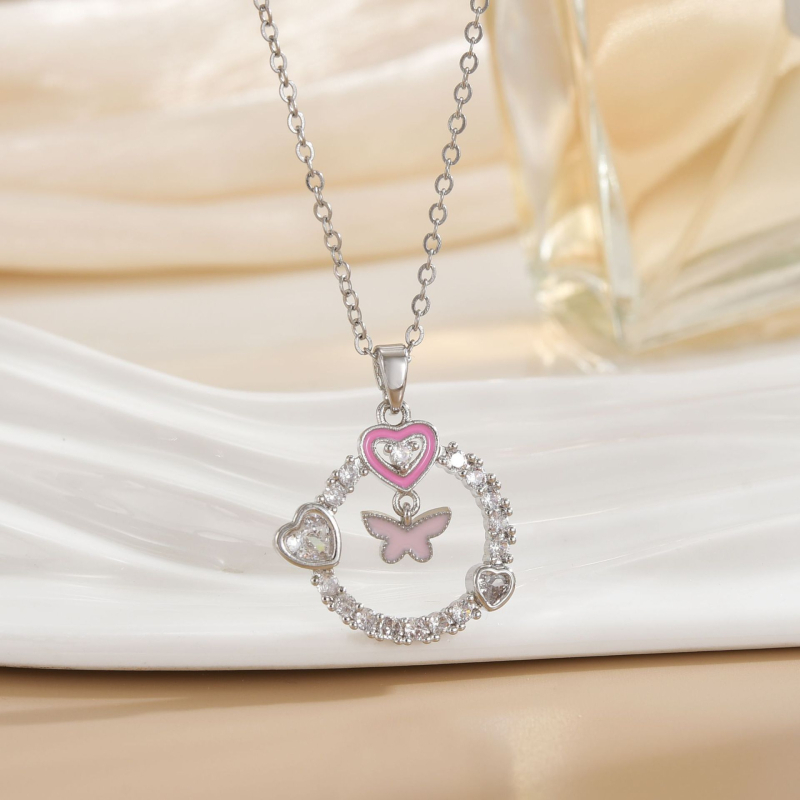 Širdies formos kaklo papuošalas – varis, elektroplakavimas, O grandinė, daugiasluoksnė, įleisti brangakmeniai