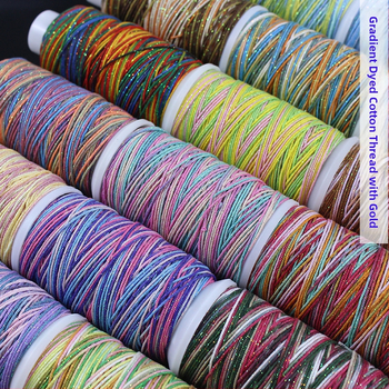 Gradientiškai dažytas medvilninis siūlas su auksine siūle, rankomis mezgta DIY papuošalų virvė (Medžiaga: medvilninis siūlas + poliesteris + auksinė siūlė; Apdorojimo technologija: rankų mezgimas; Kilmė: Jinhua; Stilius: originalus dizainas)