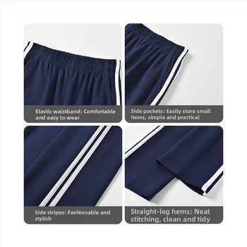 Vaikų mokyklinės kelnės su dryžiais, koledžo stiliaus, medvilnės-poliesterio mišinys, unisex, vidurio juosmens