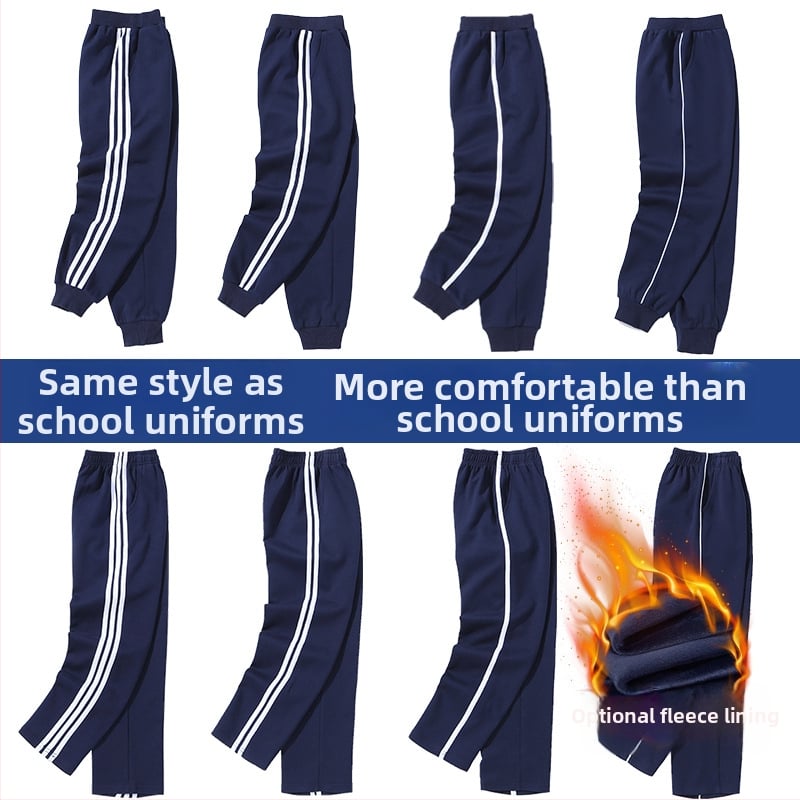 Vaikų mokyklinės kelnės su dryžiais, koledžo stiliaus, medvilnės-poliesterio mišinys, unisex, vidurio juosmens