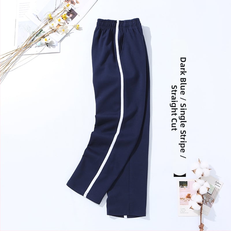 Vaikų mokyklinės kelnės su dryžiais, koledžo stiliaus, medvilnės-poliesterio mišinys, unisex, vidurio juosmens